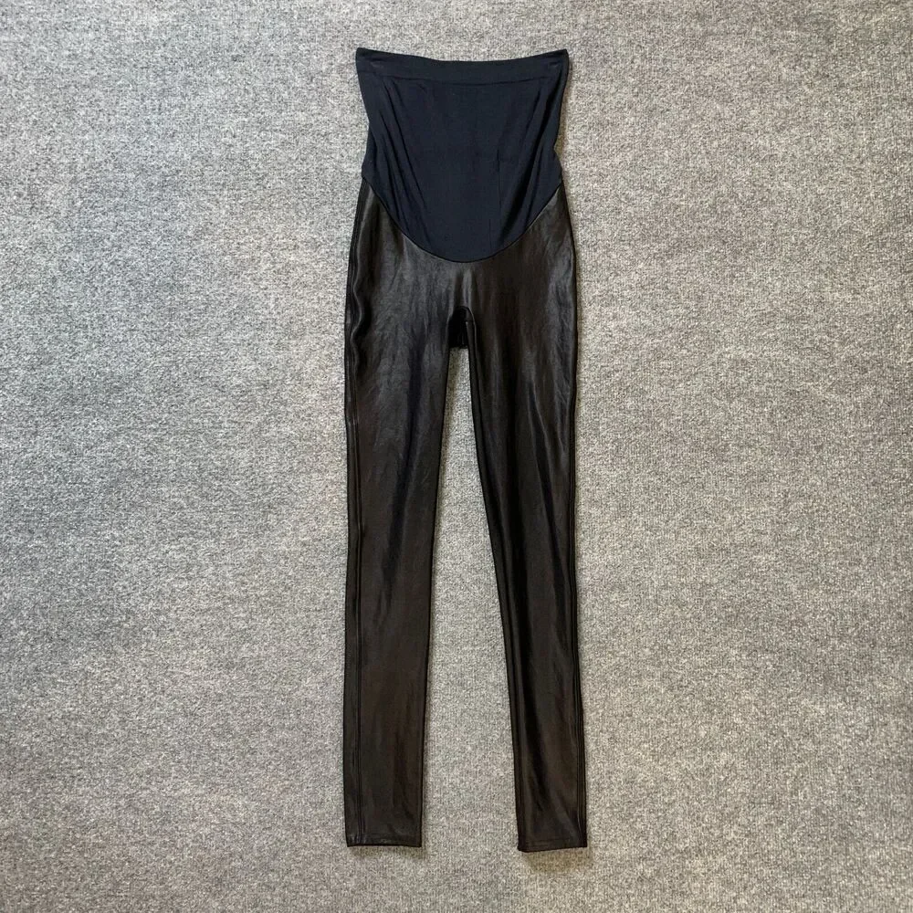Spanx Leggings Womens S Small Black Mama Faux Leather Maternity Coated Stretch